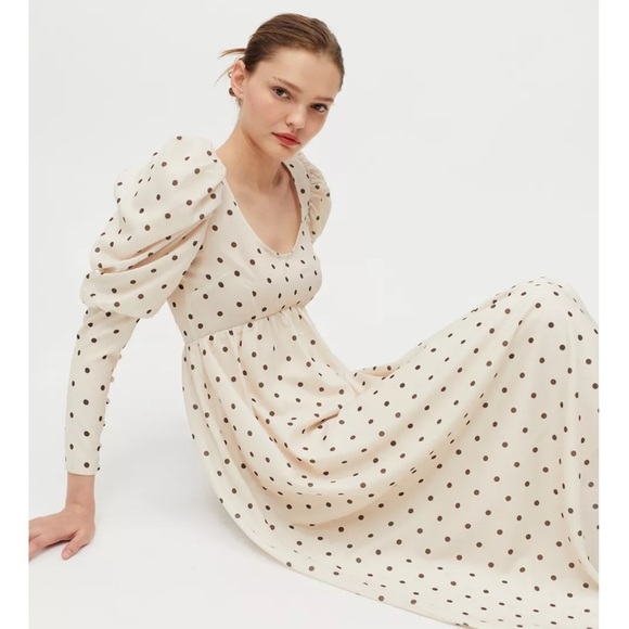 Ghospell NWT L Cream Long Sleeve Puff Sundress brown polka Dots Midi - Picture 2 of 16